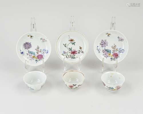 Three antique Family Rose cups + saucers