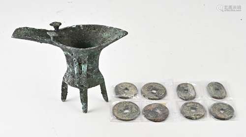 Chinese wine jug + coins