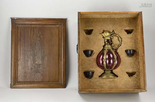 Antique Chinese wooden sliding box with Zitan cups