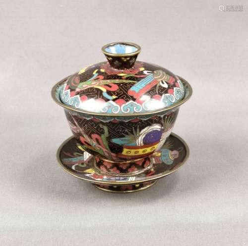 Bowl with lid, placed on a saucer, cloisonné with copper cor...