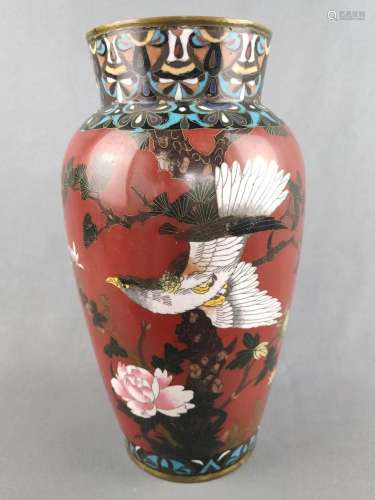 Cloisonne vase, Japan, dark red base, decorated with eagle a...