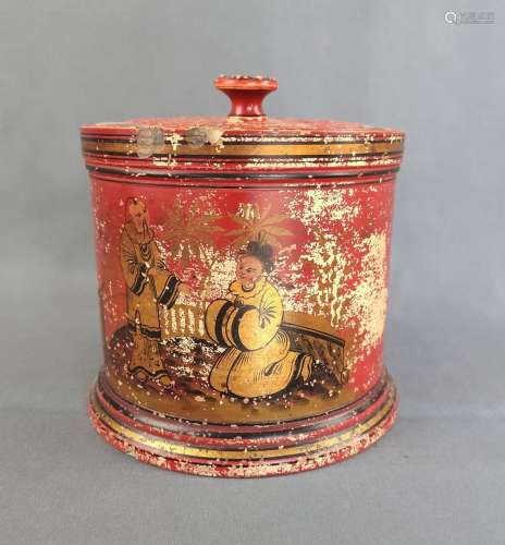 Lidded jar, China, cylindrical jar, red ground, painted in g...
