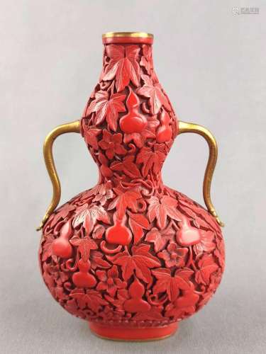 Gourd bottle, China, with two handles, finely carved red lac...