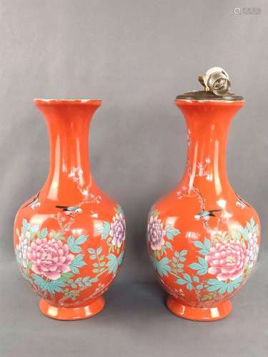 Pair of vases, China, bulbous body with elongated neck and s...