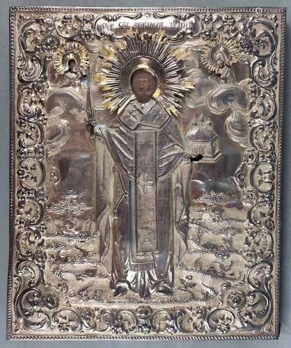 Icon of St. Nicholas of Mozhaysk with silver ochre, Russia, ...