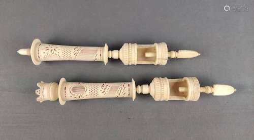 A pair of sewing clamps, 19th century, very finely carved an...