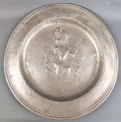 Ancient alms plate, pewter plate with coat of arms of the Ra...