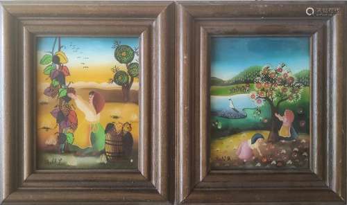 Two naive reverse glass paintings (20th century) "Grape...