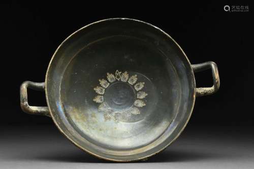 ATTIC IRON-BLACK GLAZED KYLIX WITH ELABORATE DECORATION