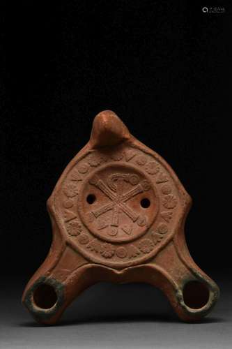 ROMAN RED WARE DOUBLE SPOUTED OIL LAMP WITH CHI-RHO