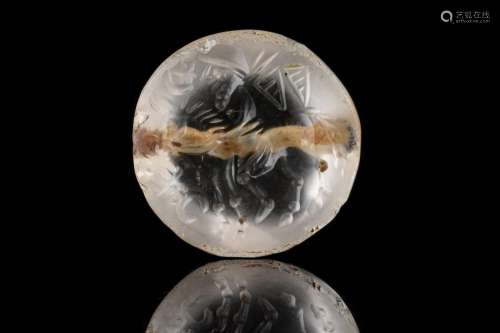 SASANIAN ROCK CRYSTAL SEAL WITH EQUESTRIAN AND PAHLAVI SCRIP...