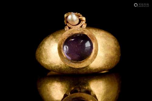 BYZANTINE GOLD RING WITH AMETHYST AND PEARL