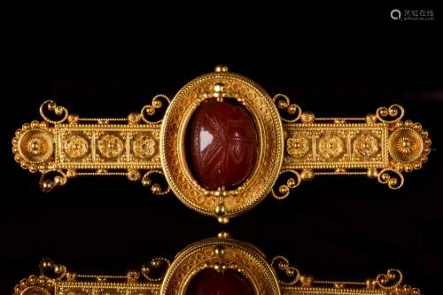 MAGNIFICENT EGYPTIAN REVIVAL BROOCH WITH CARNELIAN SCARAB