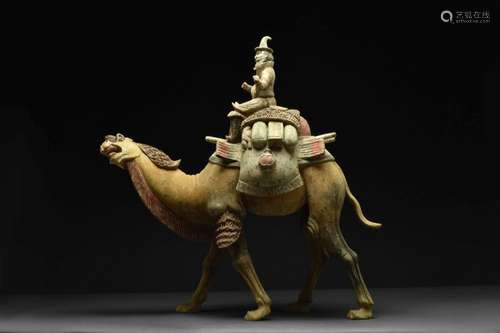 LARGE CHINESE TANG DYNASTY TERRACOTTA CAMEL WITH FOREIGN RID...