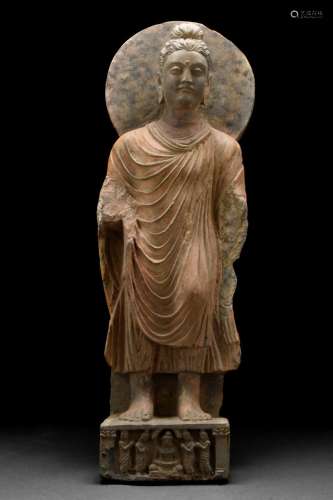 LARGE GANDHARAN SCHIST STANDING BUDDHA WITH HALO