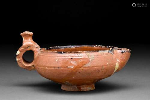 ISLAMIC TERRACOTTA SPOUTED VESSEL DECORATED WITH PEARL AND L...