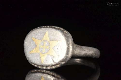 MEDIEVAL SILVER RING WITH GOLD INLAID STAR AND CROSS