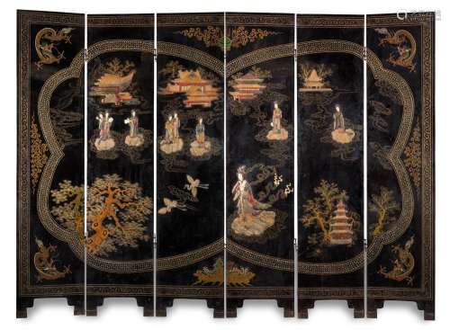 Asian screen; XIX century. Lacquered wood and hard stones. H...