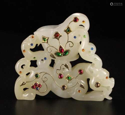 Qing Dy Hetian Jade Inlay Gold Wire & Gem Fortune Beast ...