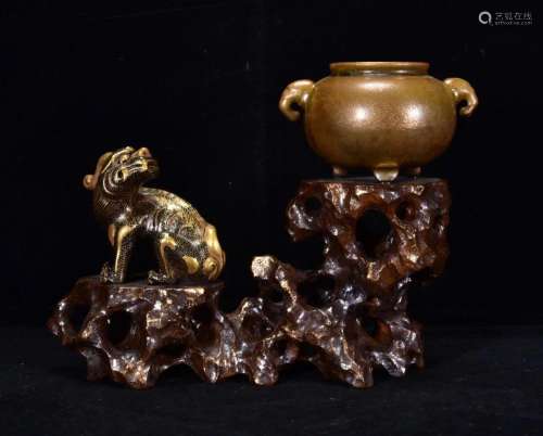 Gilt Gold Tea Dust Glaze Unicorn & Incense Burner Porcel...