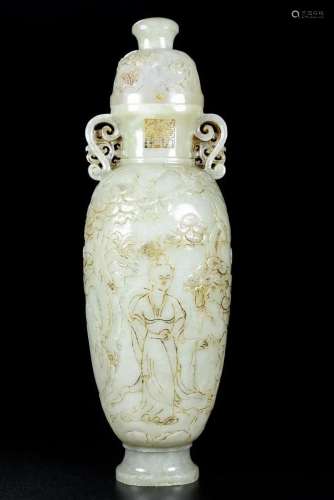 Superb Chinese Qing Dy Hetian Jade Figure Design Vase