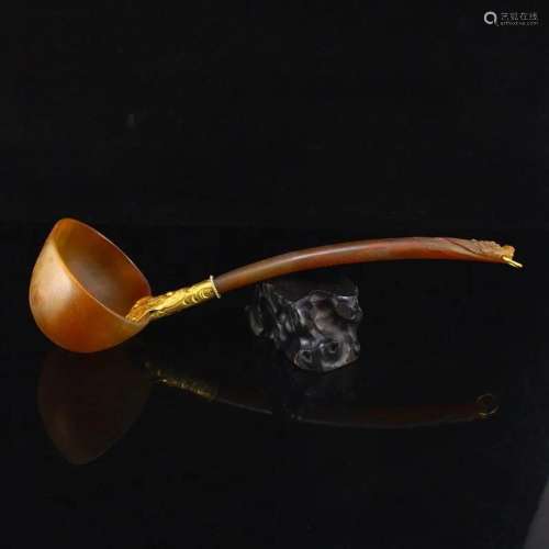 Vintage Chinese Agate Inlay Gold Dragon Head Ladle