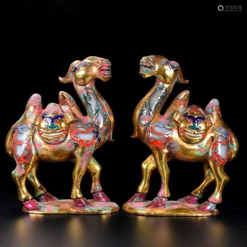 A Pair Vintage Chinese Gilt Gold Enamel Hetian Jade Camel St...