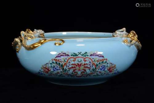 Gilt Gold Enamel Sky Blue Glaze Lucky Dragon Porcelain Brush...