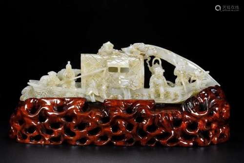 Superb Chinese Qing Dy Hetian Jade Fortune Kid & Boat St...