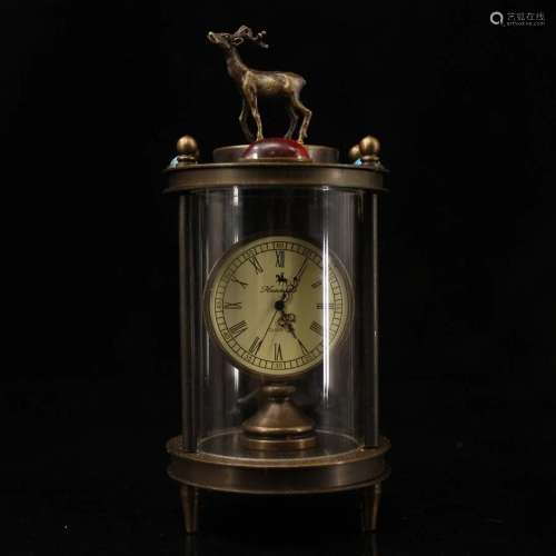 Vintage Red Copper Inlay Gem Lucky Deer Mechanical Clock