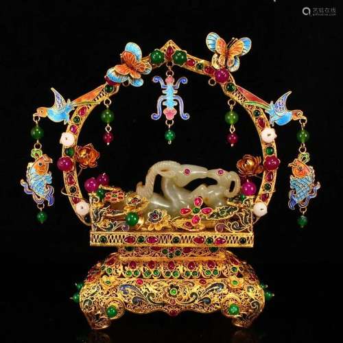 Hetian Jade Lucky Sheep Statue & Gold Wire Enamel Inlay ...