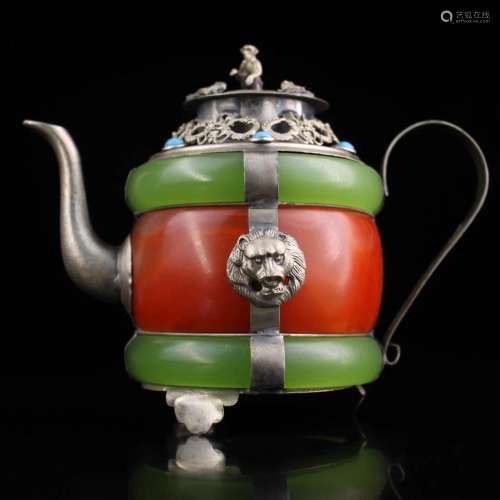 Old Chinese Silver Inlay Jade & Gem Wine Pot