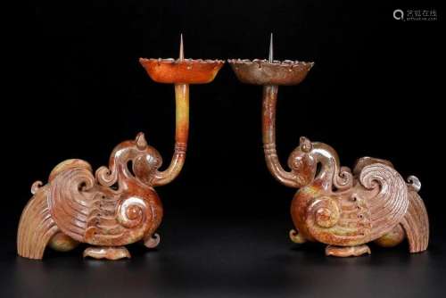 Pair Superb Vintage Chinese Hetian Jade Phoenix Candlestick