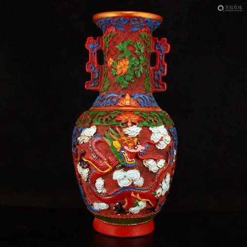 Vintage Chinese Hardwood Lacquerware Clouds Dragon Design Va...