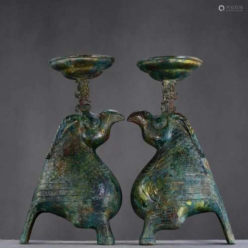 A Pair Xi Zhou States Period Divine Bird Candlesticks