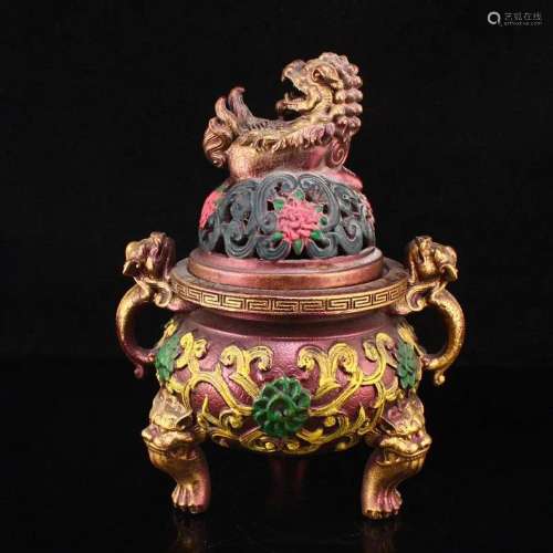 Vintage Chinese Gilt Gold Lacquerware Boxwood Wood Lion Ince...