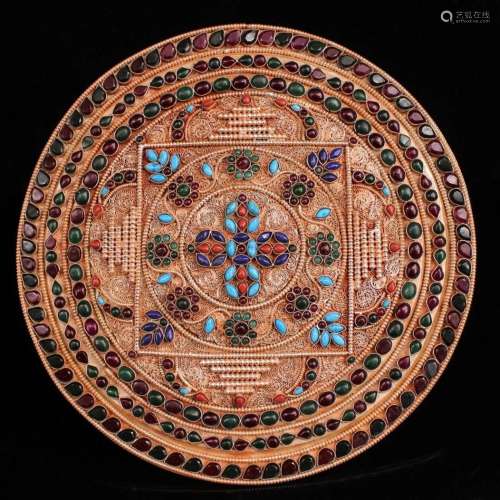 Superb Chinese Gold Wires Silver Inlay Gems Wall Hanging