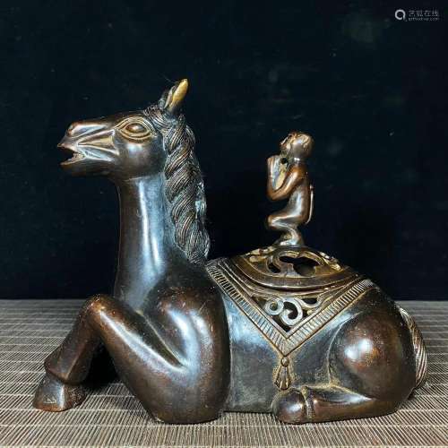 Chinese Red Copper Beast Horse & Monkey Incense Burner