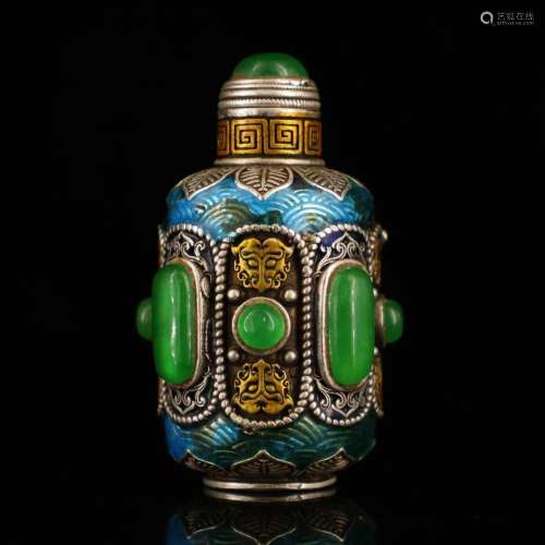 Vintage Pure Silver Inlay Green Jade Cloisonne Snuff Bottle