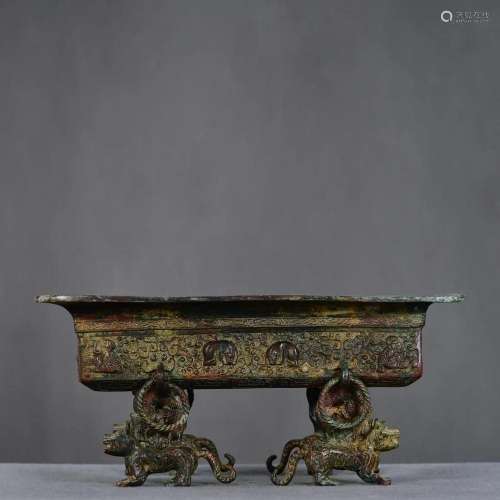 Vintage Chinese Bronze 4 Legs Beast Plate