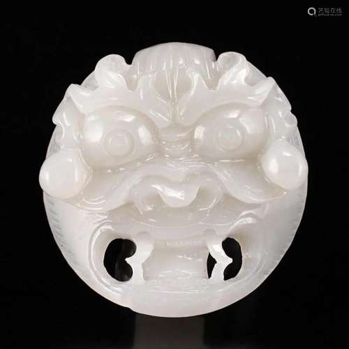 Chinese White Hetian Jade Beast Face Belt Buckle w Certifica...