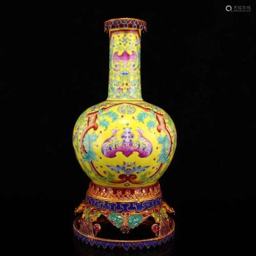 Gilt Gold Yellow Ground Enamel Porcelain Vase With Gold Wire...