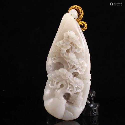 Chinese Hetian Jade Pine Tree Figure Pendant