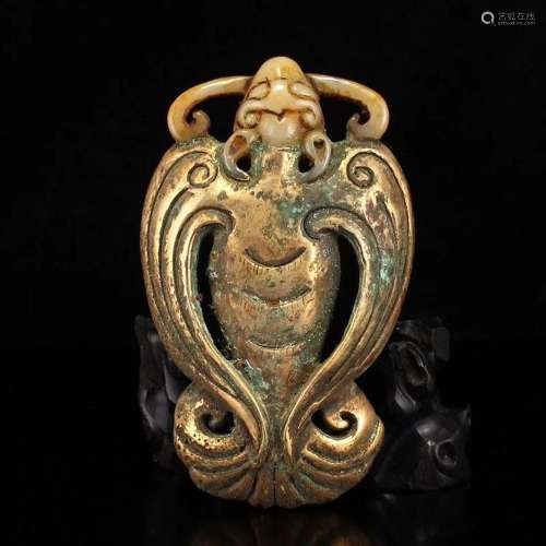 Old Chinese Gilt Gold Hetian Jade Divine Bird Pendant