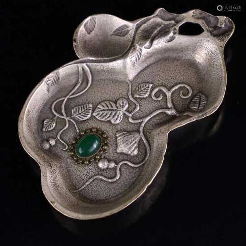 Vintage Chinese White Copper Inlay Gem Gourd Shape Brush Was...