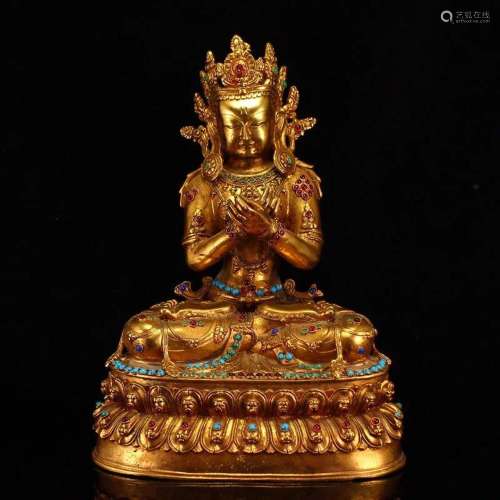 Superb Buddhism Gilt Gold Red Copper Inlay Gem Buddha Statue