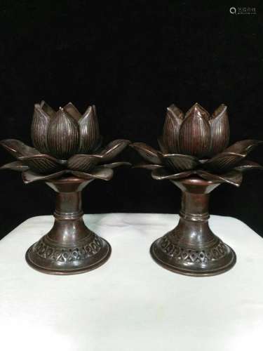 A Pair Vintage Chinese Bronze Lotus Flower Candlesticks