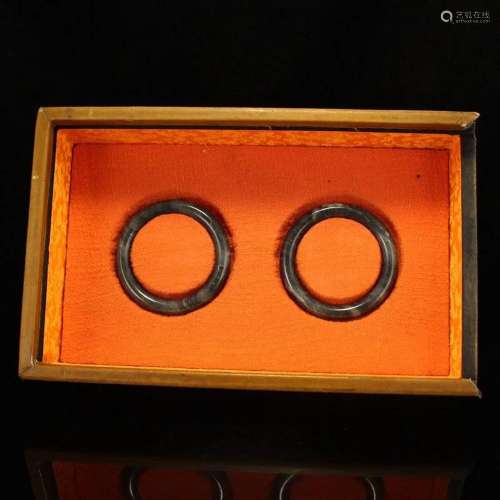 Pair Chinese Hetian Jade Bracelet With Lacquerware Box w Cer...