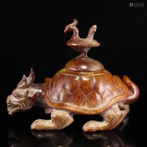 Superb Vintage Chinese Gilt Gold Hetian Jade Dragon Turtle B...