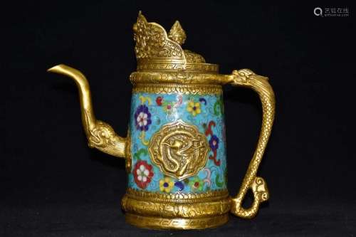 Vintage Chinese Gilt Gold Red Copper Cloisonne Dragon Teapot
